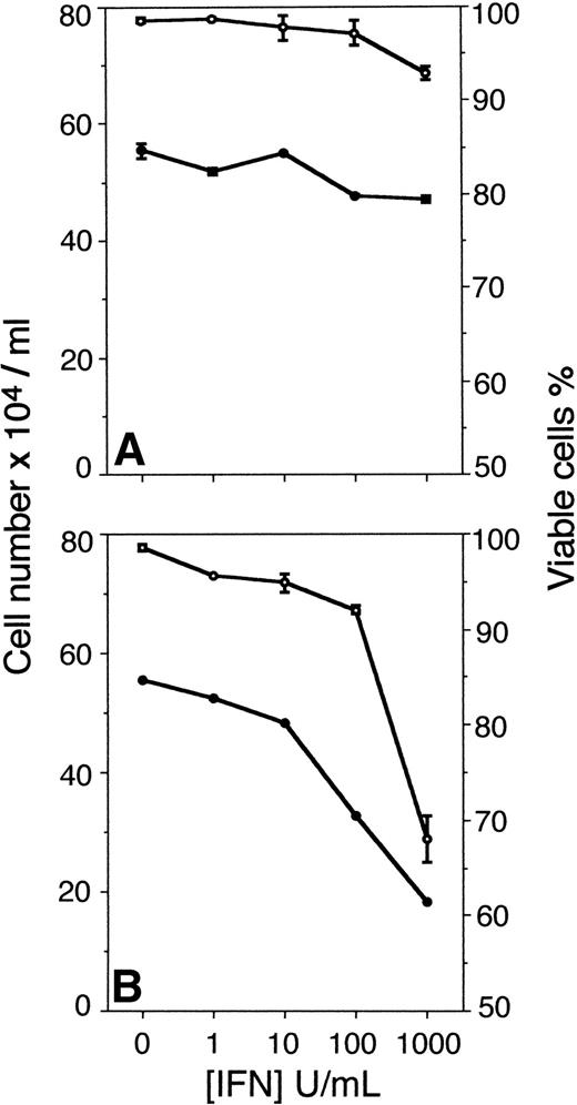 Fig. 5. (A) Cell number (•) and viability (○) of U-266-1984 cells incubated with IFN-γ at increasing concentrations (0 to 1,000 U/mL). Cells were harvested at 96 hours and the number of viable cells was determined by using trypan blue exclusion. (B) Cell number (•) and viability (○) of U-266-1984 cells incubated with IFN- at increasing concentrations (0 to 1,000 U/mL). Cells were harvested at 96 hours and the number of viable cells was determined by using trypan blue exclusion.