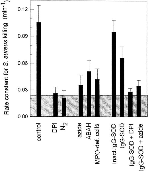Fig. 4. Rate constants for killing of S aureus by human neutrophils. Opsonized bacteria were mixed with neutrophils in a 1:1 ratio. Numbers of extracellular and viable intracellular bacteria were measured at 0, 10, 20, and 30 minutes, and from these independent first-order rate constants for phagocytosis and killing were measured. Superoxide dismutase was conjugated to IgG (IgG-SOD) and attached to the bacteria through binding to the protein A on their surface. ABAH, the myeloperoxidase inhibitor 4-aminobenzoic acid hydrazide. The shaded area represents the contribution of nonoxidative killing measured in the presence of diphenyleneiodonium (DPI) or anaerobically (N2). The data are taken from Hampton,117 and show the mean and SD of at least three experiments.