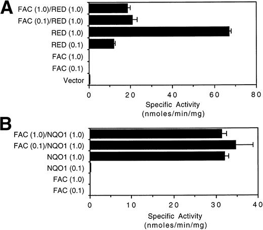 Fig. 5. FAC suppresses the catalytic activity of RED but not NQO1. Cytosolic lysates of COS-1 cells transfected with the indicated constructs were assayed for (A) RED activity and (B) NQO1 activity as described (Materials and Methods). The indicated amounts of transfected DNA (μg) were standardized with empty vector DNA to a concentration of 1 μg/mL for a final amount of 5 μg. The mean of at least three independent measurements and the standard error of the mean are shown.