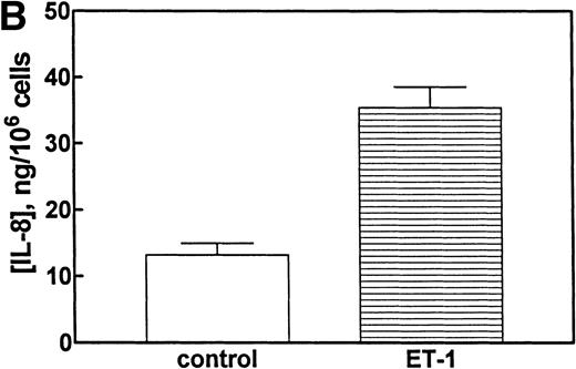 Fig. 3. (A) Concentration-dependent increase in IL-8 production stimulated with Et-1. Confluent CNS-ECs were exposed to different concentrations of Et-1, as well as media alone. After 72 hours, supernatant samples were analyzed for IL-8 production using the IL-8 ELISA technique. Data are the mean ± SEM of triplicate samples. The first point is Et-1 at zero concentration. The results represent one of three experiments performed. (B) Eleven experiments using Et-1 (100 nmol/L)-treated and untreated cell (72 hours) supernatants were analyzed for IL-8 production. Results for the two groups are significantly different (P < .001).