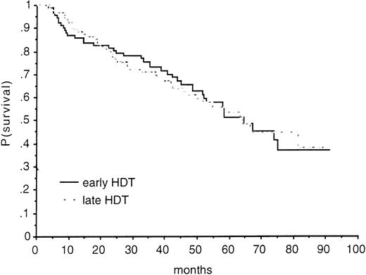 Fig. 2. OS according to treatment group. At 24 months, the estimated survival rate was 80% (95% CI; range, 72% to 88%) in the early HDT group and 78% (range, 70% to 86%) in the late group; at 36 months, it was 73% (range, 64% to 82%) and 71% (range, 62% to 80%). At 48 months, these figures were 66% (range, 56% to 76%) and 61% (range, 51% to 71%), respectively.