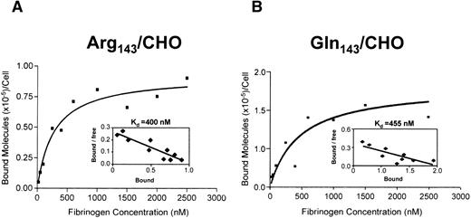 Fig. 4. Saturation binding isotherm and Scatchard plot analysis of 125I-Fg binding to D3-activated transfected CHO cells. Transfected CHO cells expressing (A) Pena or (B) Penb forms of GPIIb-IIIa were treated with D3 at a concentration of 200 μg/mL and then incubated with increasing concentrations of 125I-Fg at room temperature for 45 minutes. Data are plotted as molecules of 125I-Fg specifically bound versus fibrinogen concentration. Scatchard plot analyses of the specific binding data are shown in the insets. Data are replotted according to the Scatchard method using the GraphPad linear regression program. kd Values for both Pena and Penb forms of GPIIb-IIIa are 400 and 455 nmol/L, respectively. (C) Summary of kd values from five different experiments. kd Values derived from the Scatchard plots are summarized. Both forms of GPIIb-IIIa bound to Fg with similar affinity, 428 nmol/L for Pena- and 457 nmol/L for Penb-transfected CHO cells, respectively (P = .78). Note that there is no significant difference in affinity for Fg between the Arg143 (Pena) and Gln143(Penb) forms of the GPIIb-IIIa complex.