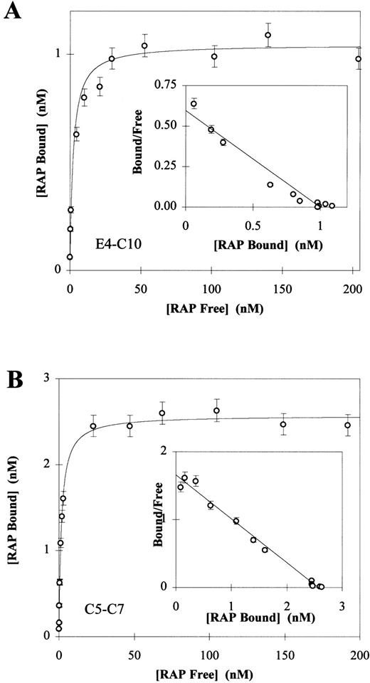 Fig. 3. Direct binding of 125I-RAP to LRP fragments E4-C10 (A) and C5-C7 (B). 125I-RAP was added to receptor fragments (250 ng E3-C10 or 100 ng C5-C7) coated in 96-well microtiter plates as described in Materials and Methods. Triplicate experiments were used to calculate a mean and SD for each data point. In each experiment the total amount of 125I-RAP added ranged from 0.5 nmol/L to 200 nmol/L and the concentration of free125I-RAP was calculated by counting the well buffer after overnight binding. The amount of 125I-RAP bound was determined by counting the dry wells after washing. Nonspecific binding was determined by subtracting the value of wells in which125I-RAP was bound without calcium and in the presence of 40 mmol/L EDTA. The Kd values were determined to be 2.13 ± 0.67 for the fragment E3-C10 (A) and 1.60 ± 0.09 for C5-C7 (B). Inset to each panel is the Scatchard plot of the Langmuir isotherm calculated from the data.