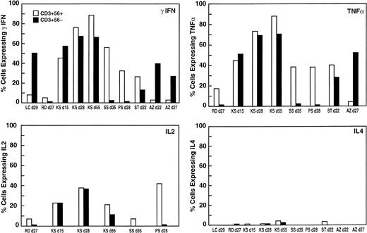 Fig. 3. Intracellular cytokine production of expanded CIK cells from CML patients. CIK cells from different patients on various days of culture were stimulated with PMA and ionomycin for 4 hours then stained with surface antibodies against CD3 (PCP) and CD56 (PE), followed by permeabilization and intracellular staining with FITC-labeled antibodies against TNF-, IFN-γ, IL-2, and IL-4. The percentage of CD3+56+ cells (light shaded bars) and CD3+56− cells (dark bars) expressing TNF-, IFN-γ, IL-2, and IL-4 is shown.