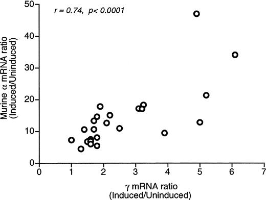 Fig. 4. Regression analysis of the induced/uninducedAγ and  mRNA ratios. A statistically significant correlation is observed (r = .74, P < .0001), indicating that the exogenous and endogenous genes are induced coordinately.