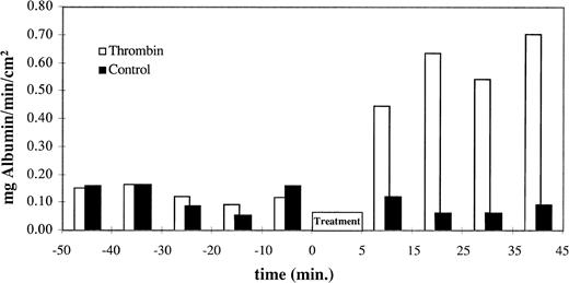 Fig. 4. EBA permeability of HUVEC monolayers. The diffusion of EBA from the luminal buffer in the Transwell to the abluminal buffer in the lower well is shown as mg albumin/minute/cm2 monolayer from 60 minutes before until 40 minutes after exposure to 0.1 U/mL thrombin in HAH buffer (black bars) or to HAH alone (shaded bars). Samples were taken at several time points before and after treatment; the 0 time point is equivalent to the start of the 5-minute treatment. Thrombin exposure resulted in a rapid increase in monolayer permeability to EBA, which was sustained for the duration of these measurements.