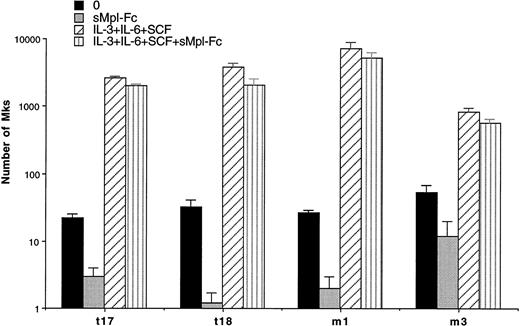 Fig. 2. Inhibition of MK spontaneous growth by the sMpl-Fc. Number of MKs obtained after 10 days of serum-free liquid culture without growth factor (0) (▪), with the sMpl-Fc at 5 μg/mL (▩), with a combination of rhuIL-3, rhuIL-6, and rhuSCF (IL-3+IL-6+SCF) (▨), or with the three cytokine combination and the sMpl-Fc (IL-3+IL-6+SCF+sMpl-Fc) (▥). CD34+cells were seeded at 2 × 104 cells/mL in 100 μL in triplicate, and MKs were quantitated by morphological analysis.