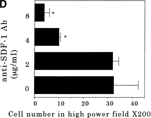 Fig. 6. Transendothelial migration of FDCP-2 cells. (A) Transmigration of FDCP-2 cells through LE1SVO and STR cell lines; (B) effects of anti–VLA-4 and anti–VCAM-1 antibodies on the transmigration of FDCP-2 cells through STR-4 cells; (C) adhesion of FDCP-2 cells to STR-4 cells; (D) effects of anti–SDF-1 antibody on the transmigration of FDCP-2 cells through STR-4 cells. Results were shown as the mean ± SD of data obtained from three different experiments. *P < .01.