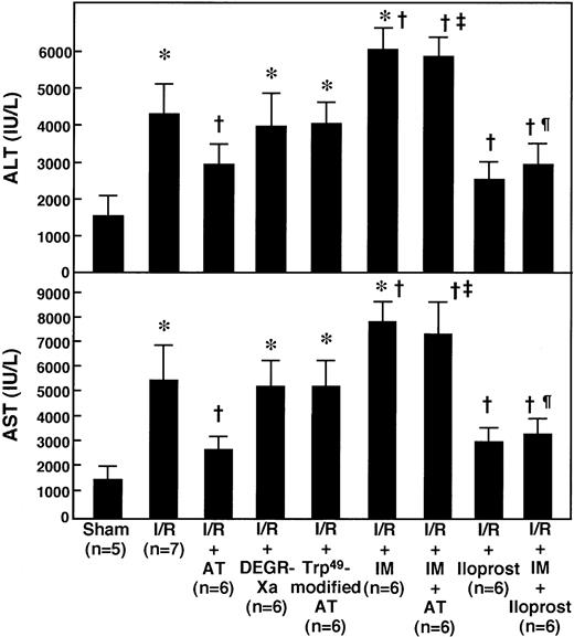 Fig. 1. Effects of AT and various agents on serum levels of aminotransferases in rats after hepatic I/R. Animals were subjected to 60 minutes of hepatic ischemia followed by reperfusion as described in Materials and Methods. Animals were injected IV with AT (250 U/kg) 30 minutes before reperfusion or subcutaneously with IM (20 mg/kg) 30 minutes before ischemia. DEGR-Xa (3 mg/kg) or Trp49-modified AT (250 U/kg) was injected intravenously 30 minutes before reperfusion. Iloprost was infused continuously starting just before the onset of ischemia at a rate of 100 ng/kg/min with or without subcutaneous injection of IM (20 mg/kg). Serum levels of ALT and AST were determined after 12 hours of reperfusion. Each bar represents the mean ± SD. *P < .01 versus sham. †P < .01 versus I/R. ‡P < .01 versus AT-treated I/R. ¶P < .01 versus IM-treated I/R.