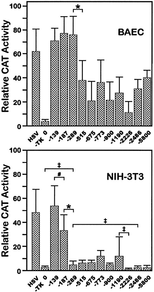 Fig. 1. Functional analysis of VE-cadherin promoter by transient transfection. 5′-deleted fragments of the mouseVE-cadherin promoter were fused to the CAT gene as indicated in the text and transfected into BAEC (A) or NIH-3T3 cells (B). The HSVTK promoter was used as positive control. “0” states for the promoterless plasmid pBLCAT3. In each assay, the luciferase expression plasmid, pGL3, was cotransfected, and CAT assays were normalized according to the luciferase activity. The equivalent of 1,200 or 3,000 arbitrary light units of BAEC or NIH-3T3 cells extracts, respectively, was used to be in the linear range of the CAT assay. Each data is the average of 6 to 10 independent experiments. Standard deviations are indicated. *P < .01; #P < .02;‡P < .05.
