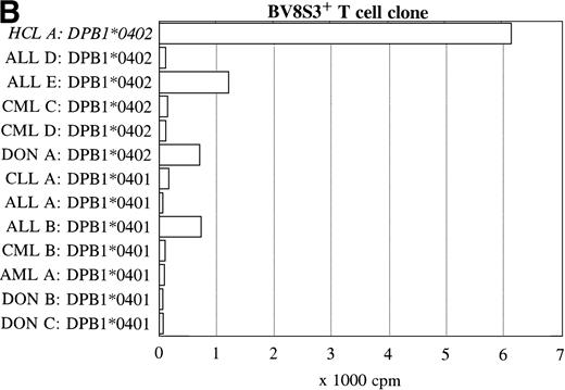 Fig. 6. Reactivity of the BV2+ and BV8S3+ T-cell clones with malignant cells from patients with other hematologic malignancies. Proliferation of the BV2+ T-cell clones 4F10 and 1F2 (A) and the BV8S3+ T-cell clone (B) in response to malignant cell samples and normal cell samples from HLA-DR4DQ3+DPB1*04+ patients with CLL, NHL, ALL, CML, AML, and healthy individuals, respectively.