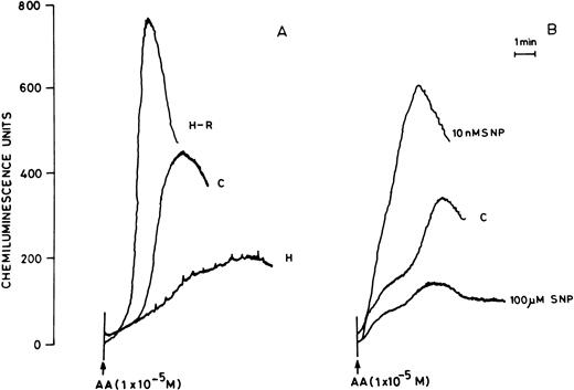 Fig. 2. (A) AA-induced chemiluminescence response in normoxic (C), hypoxic (H), and reoxygenated (H-R) PMNLs (5 × 106cells). (B) AA-induced chemiluminescence response in SNP pretreated cells. SNP was used at 10 nmol/L and 100 μmol/L concentrations.