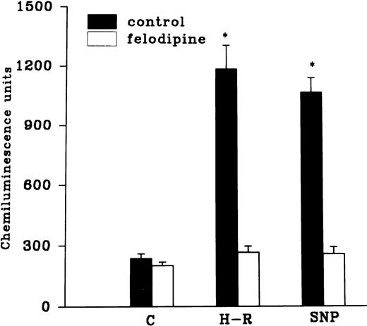 Fig. 7. Effect of felodipine (5 × 10−6 mol/L; top) or aminoguanidine (5 × 10−3 mol/L; bottom) on the H-R– or SNP-mediated increases in the free radical generation. *P < .01 in comparison with the control.