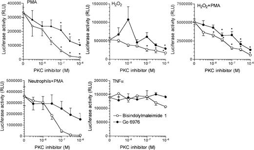 Fig. 7. Effect of the PKC inhibitors BIM and Gö 6976 on activation of the LTR. The reaction mixture contained 2 × 106 Jurkat LTRluc and where indicated 100 ng/mL PMA, 10−4 mol/L H2O2, 106 neutrophils/mL, 100 U of TNF-/mL, and BIM and Gö 6976 at the concentrations indicated in RPMI at a final volume of 2.0 mL. The results are the mean + (Gö 6976) or − (BIM) SEM of four experiments with the asterisk indicating a significant difference from the absence of the PKC inhibitors (P < .05).