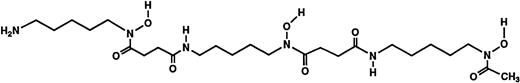Fig. 1. Structures of the iron chelators chosen for evaluation: DFO (top), HBED monohydrochloride dihydrate (middle), and HBED monosodium salt (bottom).