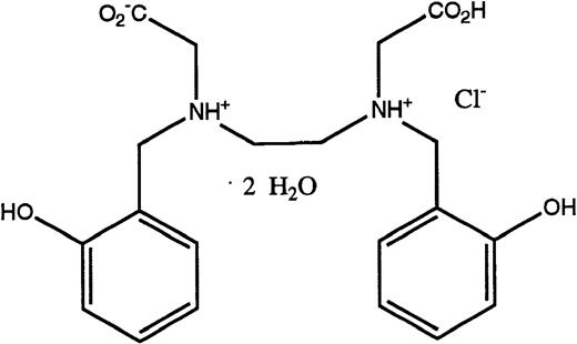 Fig. 1. Structures of the iron chelators chosen for evaluation: DFO (top), HBED monohydrochloride dihydrate (middle), and HBED monosodium salt (bottom).