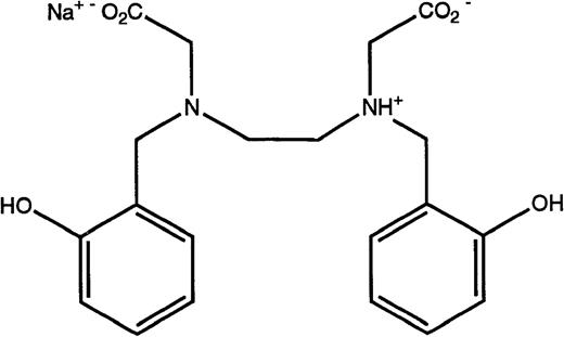 Fig. 1. Structures of the iron chelators chosen for evaluation: DFO (top), HBED monohydrochloride dihydrate (middle), and HBED monosodium salt (bottom).