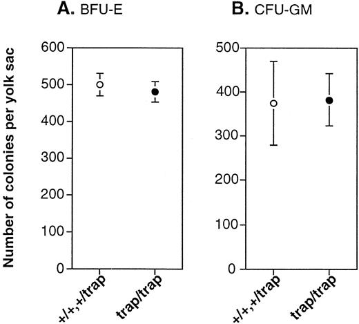 Fig. 5. Hematopoietic progenitors of definitive hematopoiesis in 10.5 dpc yolk sacs are unaffected in jmjtrap/trapembryos. (A) The number of BFU-E colonies per yolk sac.jmj+/+ and jmj+/trapembryos (n = 6) and jmjtrap/trapembryos (n = 6) were analyzed. (B) The number of CFU-GM colonies per yolk sac. jmj+/+ andjmj+/trap embryos (n = 4) andjmjtrap/trap embryos (n = 4) were analyzed. The open and closed circles represent the average numbers of colonies fromjmj+/+ and jmj+/trapembryos and from jmjtrap/trap embryos, respectively. The error bars indicate SEM.