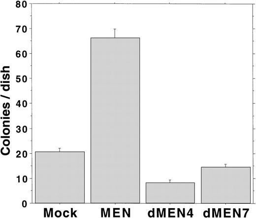 Fig. 7. Soft agar assays examining Rat1 transformation ability of MEN mutants. Soft agar colony counts of Rat1 derivatives expressing each mutant were shown. Colonies greater than 0.125 mm in diameter were counted on day 14. MEN-expressing cells formed significantly increased numbers of macroscopic colonies compared with mock, dMEN4, and dMEN7 transfectants.