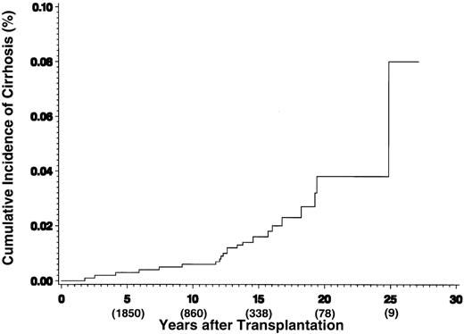 Fig. 1. Cumulative incidence of cirrhosis after HCT. The numbers in parentheses reflect the number of patients at risk at each time point.