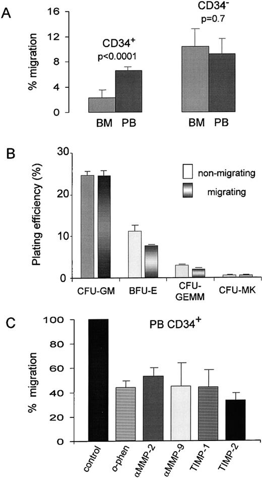 Fig. 3. Migration of hematopoietic progenitor cells through Matrigel and the effect of MMP inhibitors. (A) Migration of CD34+ cells isolated from steady-state BM and G-CSF–mobilized PB are shown (left bars). Migration of CD34− MNC obtained from the same sources is also presented (right bars). Graph bars show a significant difference between BM and PB CD34+ cells (P < .0001) in the percentage of migration, which is expressed as the mean ± SD (n = 3 for BM and n = 5 for PB), whereas the percentage of migration between the MNC was not statistically different (P= .7). (B) Plating efficiency of PB CD34+ cells that migrated through Matrigel compared with that of nonmigrating cells. Equal numbers of cells (1 × 103 cells/mL) from the upper (nonmigrating) and lower (migrating) compartments of Boyden chambers were plated in quadruplicate and colonies were scored for CFU-GM, BFU-E, CFU-GEMM, and CFU-MK after 14 days of incubation at 37°C and 5% CO2. (C) Effect of MMP inhibitors on the in vitro migration of PB CD34+ cells. The final concentrations ofo-phenanthroline, anti-MMP-2, anti-MMP-9, rhTIMP-1, and rhTIMP-2 and the preincubation conditions are described in Materials and Methods. The basal migration of PB CD34+ cells was set at 100% (control) and the percentages of migration in the presence of the various inhibitors are represented as the mean ± standard deviation from duplicate experiments relative to the control.