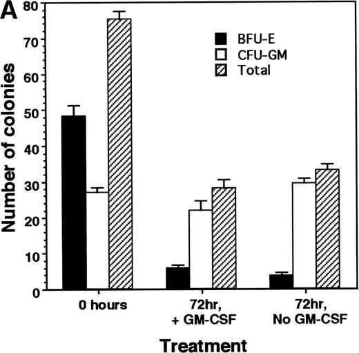 Fig. 1. (A) No significant difference is seen in the viability of CD34+ cells treated with or without GM-CSF for 72 hours, as measured by colony-forming ability. (B) GM-CSF treatment of CD34+ cells reduces expression of HOX A5 mRNA. cDNAs from GM-CSF–treated and untreated populations were amplified with GAPDH- and HOX A5-specific primers. GAPDH products are visualized by ethidium bromide staining, and HOX A5 products are visualized by Southern blotting with a HOX A5-specific32P-labeled probe. Controls containing mock cDNA reactions are labeled as “−RT.” The diffuse signal below the HOX A5 band is hybridization of the probe to the PCR primers. (C) Titration experiment demonstrating the parallel linear increase in signal relative to the concentration of input mRNA. Semiquantitative PCR was conducted as described in Materials and Methods.