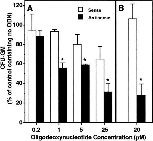 Fig. 3. HOX A5 antisense ODN inhibit GM-CSF–stimulated colony formation. (A) Human bone marrow cells plated into colony assays containing 1 nmol/L human recombinant GM-CSF and increasing concentrations of ODN. (B) A separate experiment similar to (A) at a single dose of 20 μmol/L ODN. Data from both experiments are reported relative to the number of colonies formed in assays containing no ODN and are calculated from the mean of three assay wells.