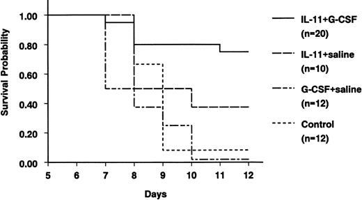 Fig. 1. Kaplan-Meier survival plot of animals treated with rhG-CSF, rhIL-11, combination of both growth factors, or the control group.