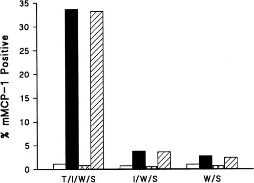 Fig. 6. Addition of anti–TGF-β antibody results in reduced expression of mMCP-1. mBMMC were grown in WEHI/rrSCF for 7 days before transferring them in duplicate to 48-well plates supplemented with rhTGF-β1 (100 pg/mL)/rmIL-9 (5 ng/mL)/WEHI (15%)/rrSCF (50 ng/mL) (T/I/W/S ) or with rmIL-9/WEHI/rrSCF (I/W/S) or WEHI/rrSCF (W/S) at the same concentrations. To these cultures were also added chicken anti–TGF-β at 1 μg/mL (□) or 10 μg/mL (▩), or chicken IgG control at 1 μg/mL (▪) or 10 μg/mL (▨). The mean percentages of mMCP-1+ mast cells were assessed by immunohistochemical staining of cytosmears with MoAb RF 6.1 48 hours after addition of the cytokines and antibodies (n = 2).