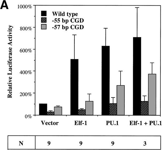 Fig. 6. Elf-1 and PU.1 each transactivate the gp91phox promoter. HeLa cells (A) or PLB985 cells (B) were cotransfected with gp91phoxpromoter/luciferase reporter and expression vectors as described in Materials and Methods. Luciferase vectors contained either the wild-type −102 to +12 bp gp91phox promoter or the same promoter fragment into which the −57 bp or −55 bp CGD mutations were introduced. The expression vector that was cotransfected with the luciferase vector is indicated below the graph. Data are presented as the mean ± standard deviation. The number of independent experiments (N) performed for each cotransfection is indicated below, and three different plasmid preparations of each construct were tested.