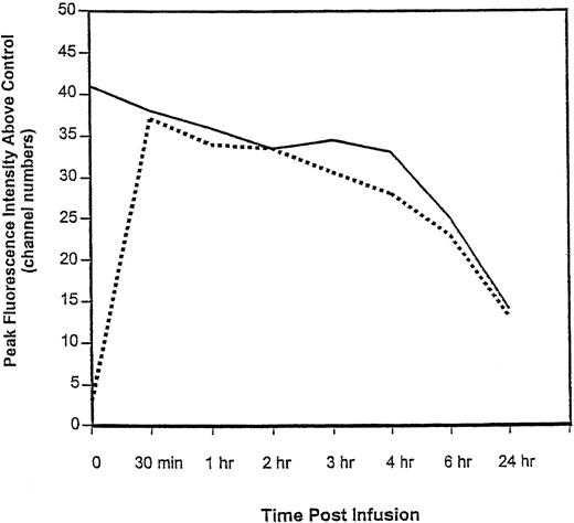 Fig. 2. Relationship between total number and CMA-676–bound CD33 sites on peripheral blood cells in a characteristic patient over time. The solid line represents the number of CD33 sites available for binding to CMA-676 as estimated by the maximal fluorescence intensity obtained by incubating an aliquot of cells in vitro with excess CMA-676. The dashed line represents the fluorescence intensity of bound CMA-676 to cell surfaces. Near-complete saturation is seen 30 minutes after the start of the infusion.