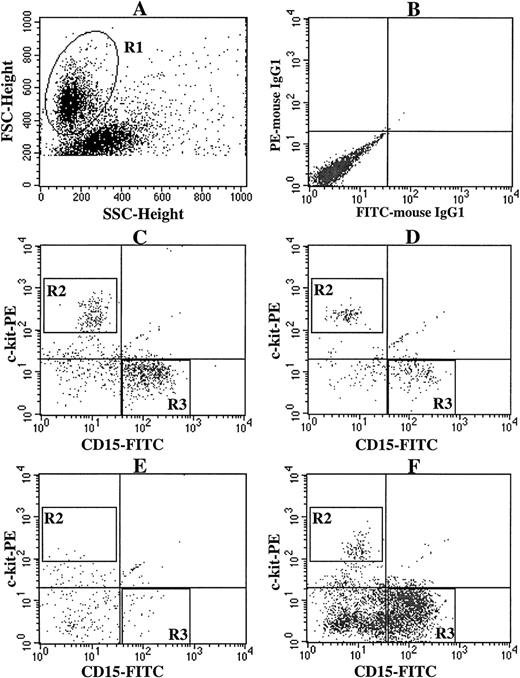 Fig. 4. Expression of c-kit and CD15 on cultured cells grown by various combinations of SCF, TPO, and FL. CD34+ BM cells (5 × 103) were plated per well containing various combinations of 10 ng/mL of SCF, 10 ng/mL of TPO, and 50 ng/mL of FL. After the numbers of viable cells were counted at 3 weeks of culture, the cells were stained with PE-conjugated anti–c-kit MoAb and FITC-conjugated anti-CD15 MoAb. (A) The viable cell region (R1) was gated on the basis of FSC and SSC. (B) As negative controls, PE- and FITC-conjugated mouse IgG1 were used. The c-kit+CD15− cells (R2) were identified as mast cells, and the c-kit−CD15+ cells (R3) as myeloid cells. Stimulation with (C) SCF + TPO, (D) SCF + FL, (E) TPO + FL, and (F) SCF + TPO + FL.