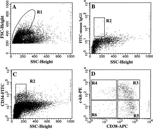 Fig. 6. Single-cell sorting of four subpopulations of CD34+ BM cells. BM MNCs were stained with an FITC-conjugated anti-CD34 MoAb, APC-conjugated anti-CD38 MoAb, and PE-conjugated anti–c-kit MoAb. As negative controls, FITC-, APC-, and PE-conjugated mouse IgG1 were used. (A) The lymphoblastic region (R1) was gated on the basis of FSC and SSC. (B, C). The gate (R2) was set on CD34+ cells. (D) The expression of CD38 and c-kit on CD34+ cells were examined. The single cells in the R3, R4, R5, or R6 region were sorted as CD34+CD38+c-kit+, CD34+CD38−c-kit+, CD34+CD38+c-kit−, or CD34+CD38−c-kit− cells, respectively, using an automatic cell deposition unit equipped with the FACStarplus flow cytometer, as described in Materials and Methods.