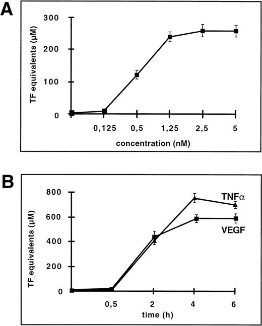 Fig. 1. VEGF upregulates TF activity and mRNA in HUVEC. (A) VEGF induces TF activity in a dose-dependent manner. TF activity equivalents were determined in a one-stage clotting assay. Incubation of cells with increasing concentrations of VEGF in the range of 0.125 to 5 nmol/L for 4 hours. (B) Incubation with 1.25 nmol/L VEGF for 0.5 , 1, 2, 4, and 6 hours. For comparison, kinetics of TF induction by TNF- (100 U/mL) is shown. Each value is the mean ± SD of triplicate in one experiment representative of five performed with similar results. (C) VEGF upregulates TF mRNA in HUVEC: Northern blot analysis of total RNA (20 μg) extracted from unstimulated cells and cells treated with VEGF for 2 and 4 hours. This experiment is representative of two experiments done with similar results.