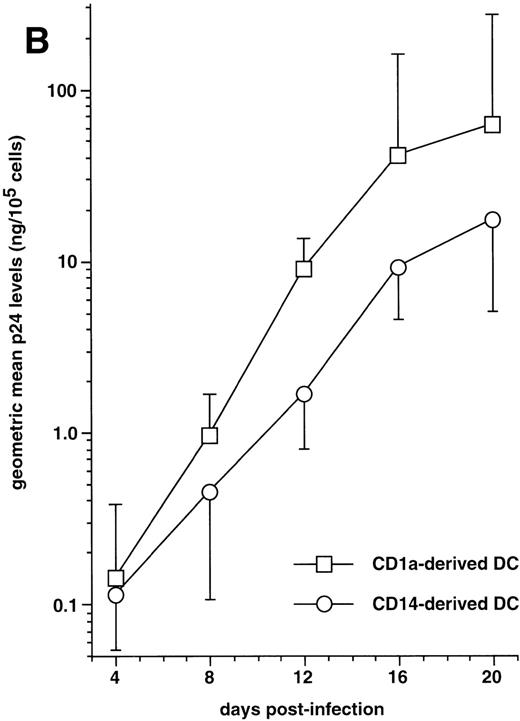 Fig. 7. HIV infection of DC derived from CD1a+CD14− or CD1a−CD14+ precursors. (A) Expression of HIV coreceptors by immature and mature DC of either population: CD1a+CD14− and CD1a−CD14+ DC precursors sorted on day 5 were cultured for 48 hours with SCF/FL/GM-CSF/TNF-/IL-4 with or without CD40LT, and labeled with FITC-CCR5 or PE-CXCR4 MoAbs; open and solid histograms are as in Fig 4A; representative composite results from two experiments of five. (B) Immature DC derived from either sorted CD1a+ CD14− (□) or CD1a−CD14+ (○) precursors were cultured for 48 hours under the standard condition before exposure to HIV-1Ba-L, the production of which is expressed as geometric mean ± SD ng p24/105 viable cells; differences were not statistically significant at any time point (n = 5).