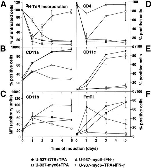 Fig. 1. Growth and differentiation of v-Myc expressing U-937-myc-6 and parental U-937-GTB cells. Cells were induced by TPA, IFN-γ, or TPA + IFN-γ and analyzed at the indicated time points. (A) 3H-TdR incorporation. Cells were labeled with 10 μCi of 3H-TdR for 1 hour. (B) CD11a, (C) CD11b, (D) CD4, (E) CD11c, and (F) FcγRI expression. The surface antigen expression was measured by fluorescence-activated cell sorter analysis by using specific antibodies.