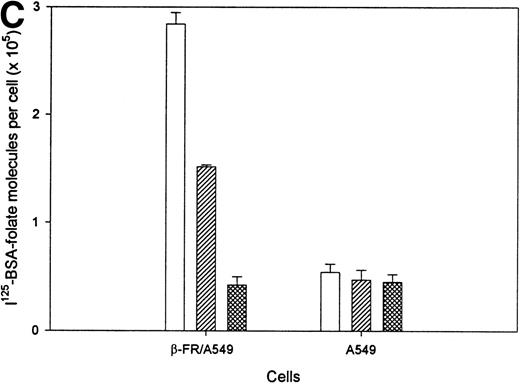 Fig. 6. Evaluation of the binding and endocytosis of3H-FA and FA-labeled bovine serum albumin by cultured cells lacking (A549) or expressing (A549/FR-β) the β isoform of the FR. (A) A549 cells, a human lung carcinoma cell line expressing no detectable FR, were transfected with the β isoform of FR (A549/β-FR) and examined by flow cytometry for expression of the β isoform, as described in Materials and Methods. The filled peaks correspond to cells treated only with preimmune serum, while the open peaks show cells labeled with anti-FR IgG. (B) Cells were incubated with 100 nmol/L 3H-FA for 2 hours at 37°C and then washed three times in PBS, pH 7.4, to remove unbound ligand (□) or three times in sodium acetate buffer, pH 3.5, to strip all externally bound ligand from the cells (▨). (C) Binding and endocytosis of 125I-labeled serum albumin (100 nmol/L) was conducted similarly, except to distinguish specific from nonspecific binding, uptake was also evaluated in the presence of a 10,000 times molar excess of free FA to competitively block all folate-specific sites (▩).