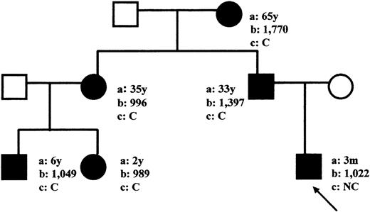 Fig. 1. Pedigree of the family with HHCS. (Circles) Females; (squares) males; (closed symbols) affected members. Arrow indicates the proband. (a) Age at time of our observation (y, years; m, months). (b) Serum L-ferritin levels (μg/L). (c) Bilateral cataract status (C, cataracts; NC, no cataracts).