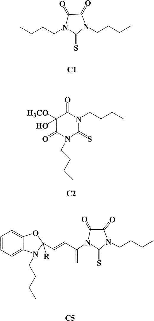 Fig. 1. Structural formulae for the three compounds determined by MS and H1- and C13-NMR analysis of purified fractions. C1, N, N′-Dibutyl-thio-4,5-imidazolindion (MW = 242); C2, N, N′-Dibutyl-4,5-dihydro-5-hydroxy-5-ethoxy-4-oxo-2-thiouracil (MW = 316); C5 was identified as a highly photosensitive intermediate product with the proposed structure shown above.