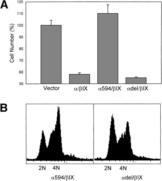 Fig. 6. GpIb’s growth-inhibitory effect maps to its 14-3-3 interaction domain. In (A), cell number was measured 4 days after replating. Truncation of 16 C-terminal amino acids of GpIb (594/β/IX), a region reported to represent the binding site for 14-3-3ζ, restores cell number to control (vector) levels. A second mutation eliminating the actin binding domain, but preserving the terminal 14-3-3 binding domain of GpIb (del/β/IX), shows decreased cell number comparable to CHO/β/IX cells. In (B), propidium-labeled cells were analyzed for DNA content. CHO cells expressing 594/β/IX enter S-phase normally, but those expressing del/β/IX are arrested in G1 (n = 3).