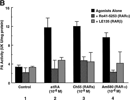 Fig. 2. Induction of uPA in BAECs by RAR-activating retinoids. Cellular PA levels were determined using a chromogenic substrate, S2403, after treatment of BAECs for 12 hours in MEM-BSA either with (A) various concentrations of atRA (panel a), 9cRA (panel b), Ch55 (panel c), Am580 (panel d), CD2019 (panel e), CD666 (panel f), Ro47-5944 (panel g), and Ro25-7386 (panel h) or with a combination of various concentrations of atRA and 0.1 μmol/L Ro47-5944 (panel i) or (B) with 10−8 mol/L atRA (sample 2), Ch55 (sample 3), and Am580 (sample 4) in the absence or presence of 10−5 mol/L Ro41-5253 (▨) or LE135 (▩). The specificity and characterization of each compound are described under Materials and Methods. Data are expressed as urokinase (UK) units (U) per milligram of protein in the sample. Each point represents the average ± SD (n = 3).