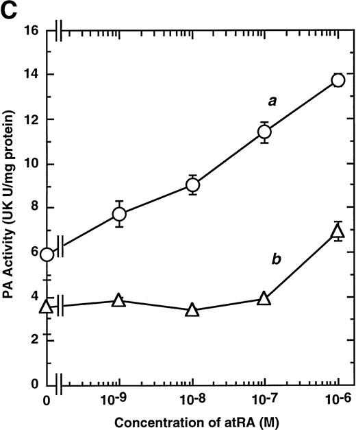 Fig. 4. Involvement of Sp1 in RA induction of uPA. (A) Promoter assay. Transfection study was performed as described before using wild-type pUK-luciferase (pUK-Luc, samples 1 through 3), pUK GC box-luciferase (pUK GC-Luc, samples 4 through 6), and pUK-luciferase deficient in GC box (pUK ▵GC-Luc, samples 7 through 9). Data are expressed as the relative luciferase activity compared with the activity of pUK-Luc cotransfected with empty pSG5 and untreated with 9cRA (sample 1). Samples 1, 4, and 7, reporter only; samples 2, 5, and 8, RAR and RXR; samples 3, 6, and 9, RAR and RXR + 9cRA. (B) Transcription factor decoy experiments. After BAECs were transfected with various amounts of Sp1 decoy or its mutant, whose sequences are presented above the illustration, the cultures were incubated either with vehicle or with 1 μmol/L atRA for 12 hours, cell lysates were prepared, and cellular PA levels were determined. Curves a and b, RA-treated cells; curves c and d, unstimulated cells. Curves a and d, mutant oligo; curves b and c, Sp1 decoy. (C) Cellular PA levels were determined after treatment of BAEC cultures with various concentrations of atRA for 12 hours in the absence (curve a) or presence (curve b) of 10 nmol/L mithramycin. For (A) through (C), the results are presented by the average ± SD (n = 3). Each similar experiment was repeated three times and representative results are shown here. (D) After treatment of BAECs with 1 μmol/L atRA for 12 hours in the absence (lane 1) or presence (lane 2) of 10 nmol/L mithramycin, nuclear extracts were prepared and Sp1 binding to uPA GC box was determined by gel shift assays as described in Materials and Methods.
