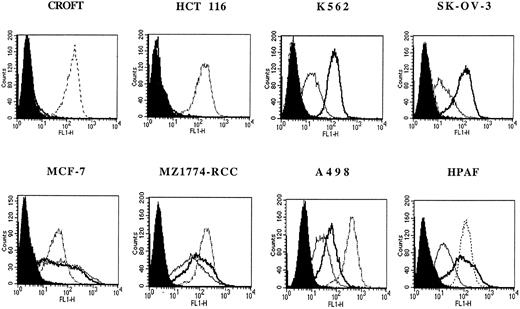 Fig. 3. Flow cytometric analysis of HLA-A2 and MUC1 expression on the human tumor cell lines. The level of HLA-A2 expression (dotted line) was analyzed using a purified MoAb specific for HLA-A2, BB7.2. The MUC1 expression was determined using unlabeled antibodies HMFG-1 (bold solid line) and MAM-6 (thin solid line), followed by staining with FITC-conjugated goat antimouse antibody. Solid histograms represent isotype-matched controls.