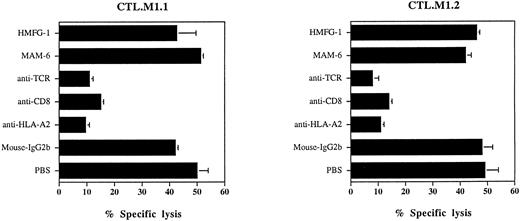 Fig. 6. Inhibition of the cytotoxic activity of MUC1-reactive CTL.M1.1 (A) and CTL.M1.2 (B) by MoAbs. For HLA-A2 blocking experiments, target cells (MZ1774-RCC) were incubated for 30 minutes with 10 μg/mL of MoAbs (BB7.2 (IgG2b) recognizing HLA-A2. For blocking of CD8 molecules or the TCR on the effector cells, CTL were incubated with 15 μg/mL of T8 (IgG1) MoAb recognizing CD8 and anti–Pan-TCR-β BMA 031 MoAb (IgG2b) before adding to the assay. Isotype-matched antibodies (MAM-6, HMFG-1) were used as controls. The assay was performed at E:T ratio of 20:1. The data are shown as the mean and standard deviation from 6 replicate wells.