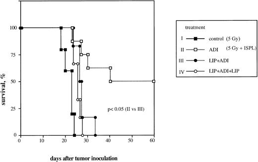 Fig. 1. Effect of host liver macrophage depletion in vivo on the efficiency of ADI therapy in tumor-bearing DBA/2 mice. To generate antitumor immune effector cells, ESb-MP lymphoma cells were inoculated IV at a dose of 105 cells into B10.D2 mice. One week later, spleen cells were isolated and transferred IV into sublethally irradiated ESb-MP tumor-bearing DBA/2 hosts (ADI, d0). Kupffer cells were depleted from the host by IV injection of Cl2MBP-liposomes. Each experimental group contained 10 mice. Chlodronate entrapped in liposomes did not induce any toxicity both in normal mice and in ESb-MP tumor-bearing animals (data not shown). (▪) Control (nontreated tumor-bearing mice); (□) ADI-treated tumor-bearing mice; (•) tumor-bearing mice injected with Cl2MBP-liposomes 2 days before ADI; (○) tumor-bearing mice injected twice with Cl2MBP-liposomes 2 days before and 4 days after ADI. One representative experiment of three is shown.