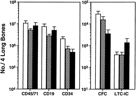 Fig. 4. Comparison of the number of different phenotypically and functionally defined human hematopoietic cells detected in the tibias and femurs of mice 4 weeks after being transplanted with 107 light-density human cord blood cells and then administered no further treatment (□) or FL, SF, and IL-6 injected daily at a low dose (▩), or three times per week for the 2 weeks before sacrifice at a high dose (▪). Values are the mean ± standard error of mean (SEM) of results obtained from three to seven individual mice in the three experiments described in Table 2.