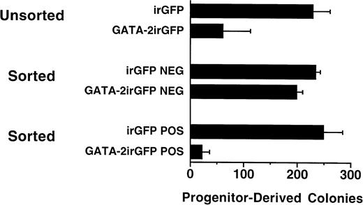 Fig. 2. Hematopoietic progenitor-derived colony formation of GATA-2irGFP- and control irGFP-expressing bone marrow cells. Unsorted irGFP- and GATA-2irGFP–transduced cells (n = 3) and flow cytometric sorted, GFP+ (POS) (n = 3) and GFP− (NEG) (n = 2) cells for each vector, as indicated, were cultured in duplicate in semisolid media and colonies enumerated as described in Materials and Methods. Data are expressed as the mean number (± standard error) of hematopoietic colonies per 104 cells. The values within both the unsorted and sorted positive groups were statistically significantly different (P < .03 and P< .02, respectively) from each other.