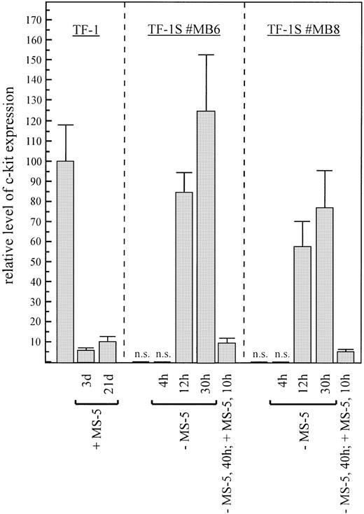 Fig. 6. c-kit receptor protein is also downregulated by stroma cells, indicating that translational mechanisms are not involved in downregulation and upregulation. Quantification of c-kit protein expression by binding of monoclonal anti–c-kit antibody (YB5.B8) and FACS analysis. Mean fluorescence was compared with the mean fluorescence of TF-1 cells grown in suspension with GM-CSF, which was set to 100%. Unspecific binding as measured by the mouse IgG standard control antibody was gated out. The fluorescence of the stroma-dependent clones was in the range of the control value without c-kit antibody and thus the values were considered not significant (n.s.). Results of at least three independent experiments are shown.