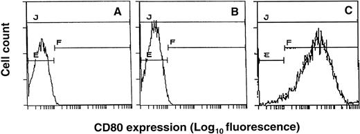 Fig. 2. Expression of CD80 (B7.1) in HSVB7.1 amplicon-infected EL4 cells. EL4 cells (A), EL4 cells transduced with HSVlac (B), or HSVB7.1 (C) at an estimated MOI of 1 pfu/cell were stained with PE-conjugated anti-CD80 antibody and analyzed by flow cytometry as described in Materials and Methods.