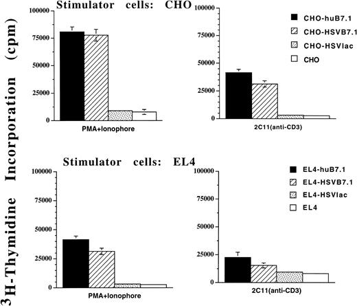 Fig. 3. In vitro murine T-cell proliferation using HSVB7.1 amplicon-infected CHO or EL4 cells. Splenocytes from adult C57BL/6 mice were harvested and T cells were enriched as described in Materials and Methods. Purified T cells were cultured in triplicate wells with HSVB7.1-infected CHO or EL4 cells. CHO-B7.1 or EL4-B7.1 cells stably transduced with a retroviral vector expressing human B7.1 were used as positive controls. HSVlac-infected or parental EL4 or CHO cells were used as negative controls. Antimurine CD3 antibody (2C11) at a final 1:50 dilution or PMA (10 ng/mL) with Ionophore (0.1 ng/mL) was added as indicated. After 72 hours, the cells were pulsed with3H-thymidine and harvested and incorporated radioactivity was measured as described in Materials and Methods. The results are represented as the mean counts per minute (cpm) from triplicate cultures ± standard deviation.